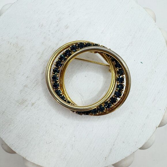 Vintage Blue Rhinestone Gold tone  Interlocking Circle Pin Brooch Pin - Picture 5 of 9
